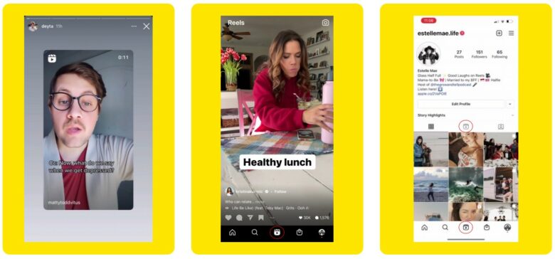 Three Instagram screenshots show three ways to display reels from left to right: Instagram Stories, Reels Tab, an icon on a user profile.