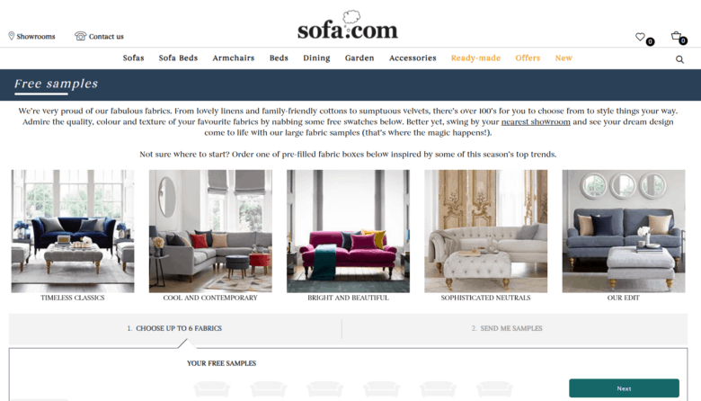 Sofa.com Free Samples page. Text describes fabrics and offers fabric sample. Five photographs display different types of fabric. Beneath the photographs two tabs labeled 1. Choose up to 6 fabrics, 2. Send me samples. 