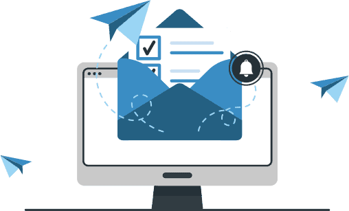 email-marketing-1 An illustration of a computer monitor. In front of the monitor, a letter is in an envelope. Paper airplanes fly from the monitor.