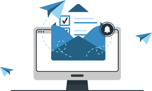 An illustration of a computer monitor. In front of the monitor, a letter is in an envelope. Paper airplanes fly from the monitor. 