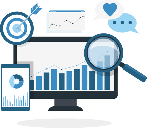 email-marketing-2 An illustration of a computer monitor and smartphone displaying graphs. A magnifying glass hovers over the monitor. A graph, a bulls eye and conversation bubbles surround the monitor.