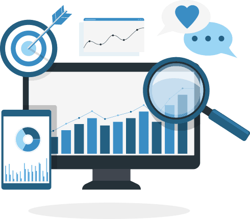 An illustration of a computer monitor and smartphone displaying graphs. A magnifying glass hovers over the  monitor. A graph, a bulls eye and conversation bubbles surround the monitor. 