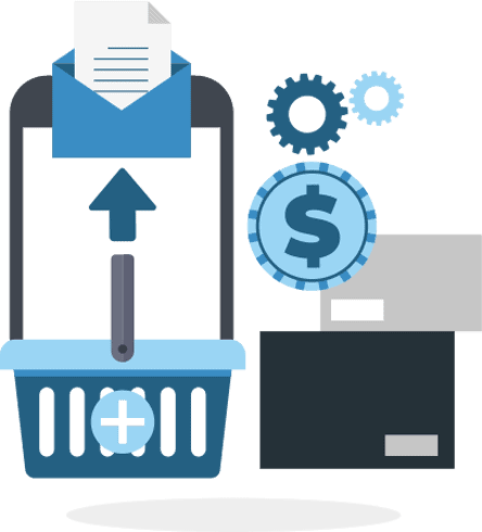email-marketing-3 An illustration of a smartphone, letter in an envelope, gears, envelopes and a coin.