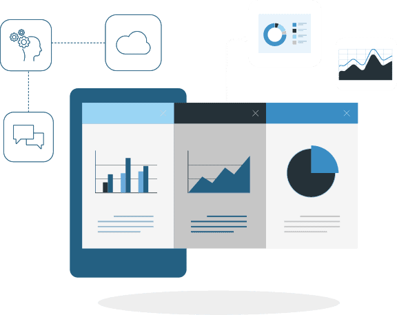 An illustration of a smartphone displaying three types of graphs. Graphs, thought and conversation bubbles surround the smartphone. 