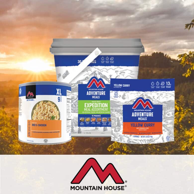 Mountain House Case Study. A photograph of three Mountain House meals overlaid on an outdoor scene. 