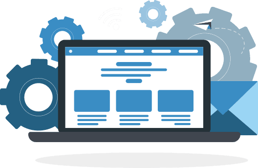 An illustration of a computer monitor with gears in the background. 