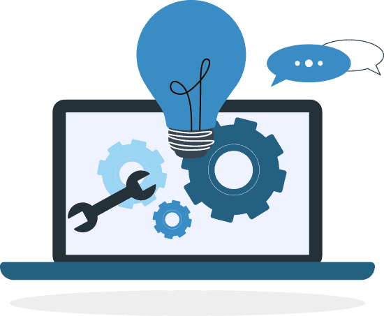 step-3-image An illustration of a laptop screen displaying gears and a wrench. A light bulb and conversation bubbles surround the screen.