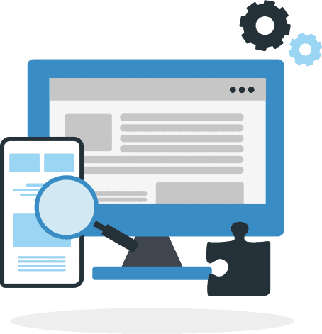 An illustration of a computer monitor, a smart phone, a puzzle piece, and gears. A magnifying glass hovers over the smartphone. 