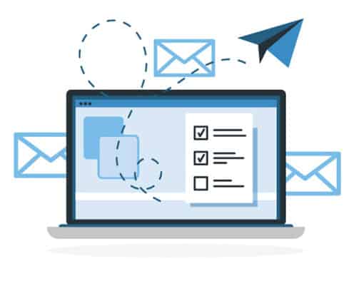 An illustration of a laptop screen displaying a checklist. Envelopes and a paper airplane surround the laptop. 