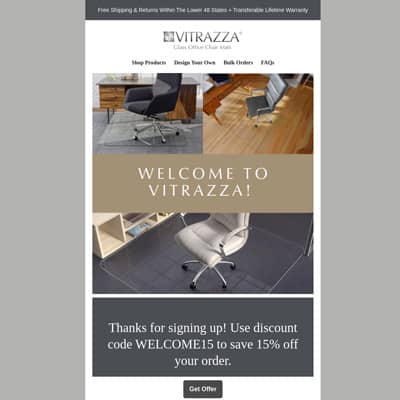 Vitrazza webpage. A banner at the center states: Welcome to Vitrazza! Text at the bottom states: Thanks for signing up! Use discount code Welcome15 to save 15% off your order. Below, a button is labeled Get offer. 