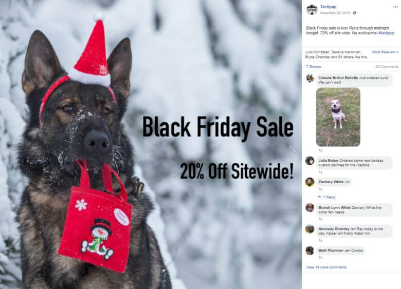 Tactipup Facebook post with image of German Shepherd dog in the snow. He wears a Santa hat and holds a shopping bag with an embroidered snowman. Caption: Black Friday Sale. 20% off Sitewide!