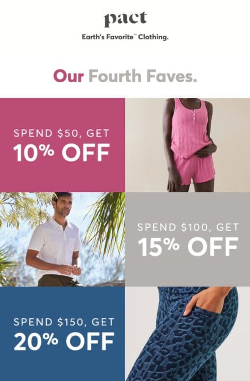 Retail clothing ad. Captions: Spend, get 10% off. Spend 0, get 15% off. Spend 0, get 20% off.