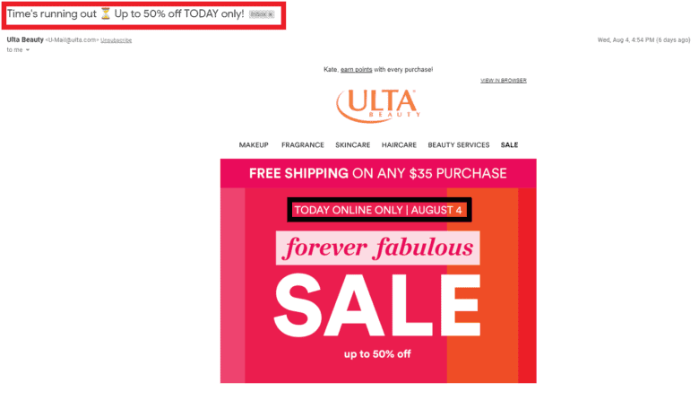 Ulta email, subject line "Time's running out. Up to 50% off TODAY only!"