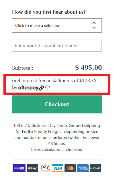 Checkout page for $495 item. Highlighted text: "or 4 interest-free payments of $123.75 by AfterPay."