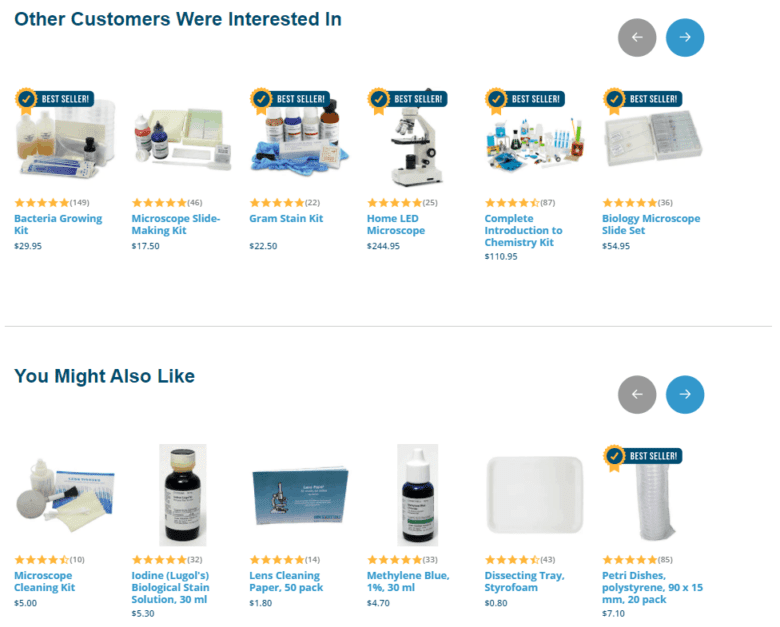 "Other Customers Were Interested In" product recommendations of home science kits. "You Might Also Like" product recommendations of home science kits.