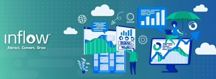 Illustration of two human figures looking at forecast graphs and charts on the computer.