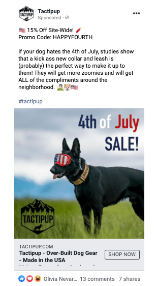 Tactipup Fourth of July social media holiday ad. Text at the top states 15% off site-wide. Promo Code: HappyFourth. Text then describes reasons to buy a collar for the 4th of July. Below, a photograph of a dog wearing a collar and goggles. Text on the photograph states 4th of July Sale! in red, white and blue lettering. 