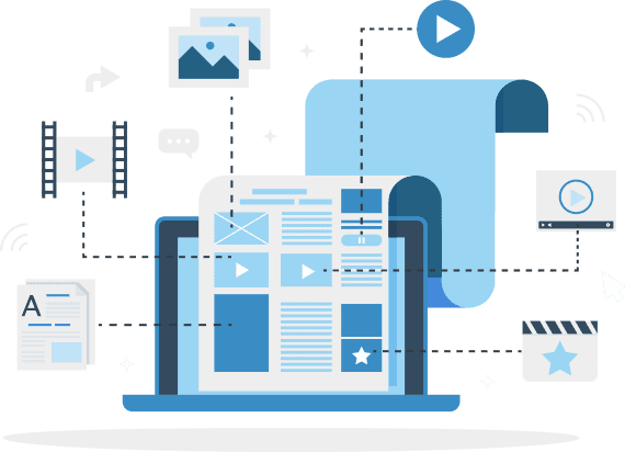 Illustration of laptop computer with document of email, text blocks, images, and video icons.