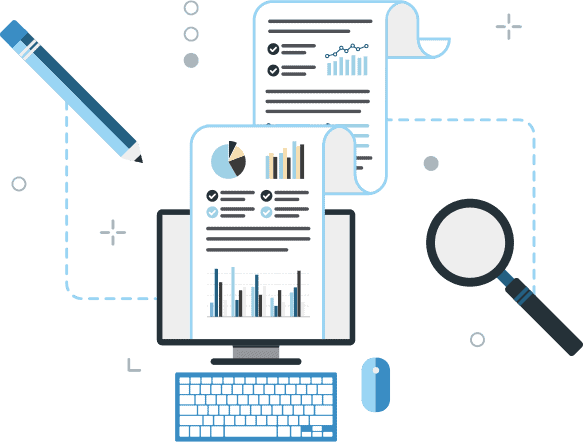 Illustration of desktop computer and keyboard, with pages of graphs and reports.