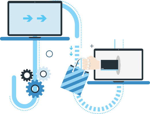 An illustration of a flow line. A laptop screen leads to a laptop screen with a hand extending from the screen. The hand holds a gift bag. 