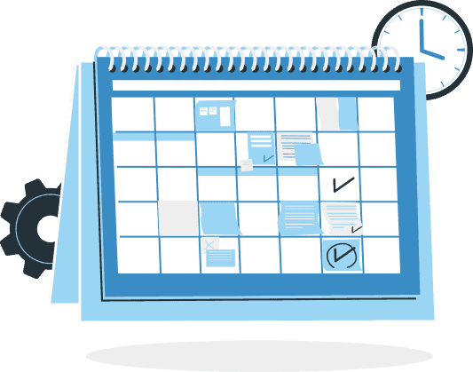 phase-1-img An illustration of a calendar with a gear and a clock in the background. Checkmarks are made on different days of the calendar.