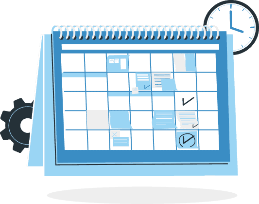 An illustration of a calendar with a gear and a clock in the background. Checkmarks are made on different days of the calendar. 