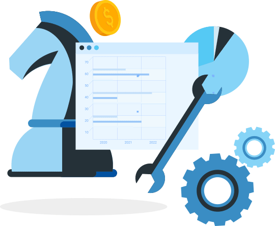 An illustration of a two types of charts, a wrench, gears, a coin, and a chess piece. 