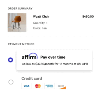 Checkout page for $450.00 chair, offering Affirm Pay Over Time, as low as $37.50/month for 12 months at 0% APR.