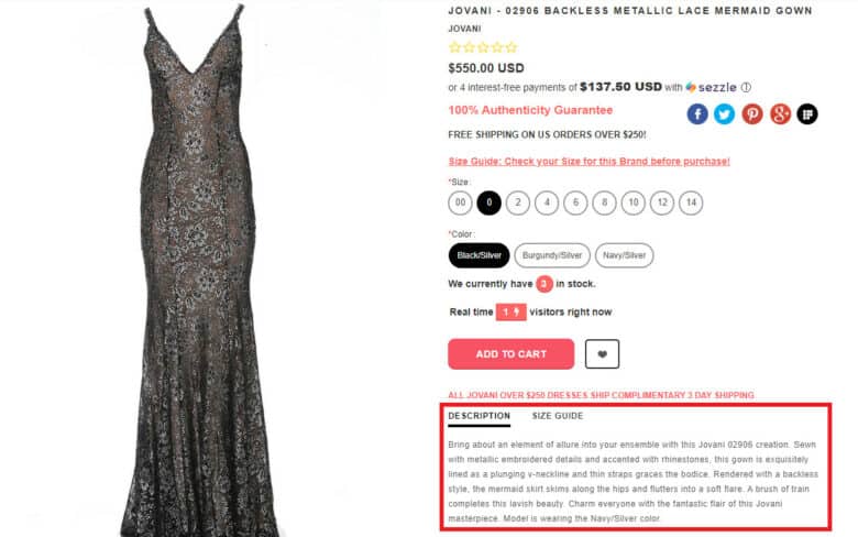 Product page of Couture Candy metallic lace mermaid ball gown. Product description is highlighted in a red box.