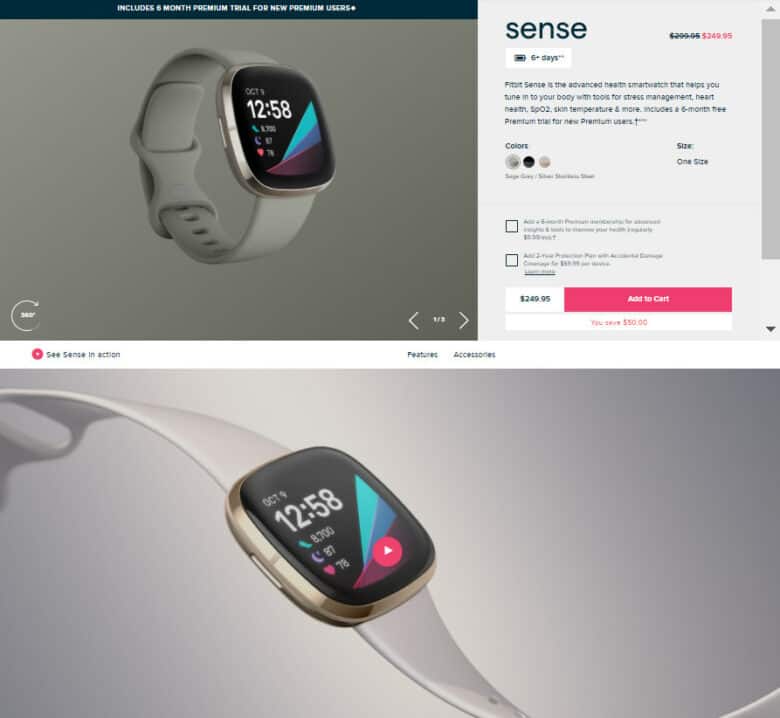 Product page of Fitbit Sense, with product description and large photos of the digital fitness watch.