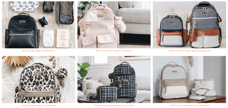 Website for the Itzy Ritzy category.  Categories of diaper bags and accessories are from left to right: Black, Blush, Coffee & Cream, Leopard, Tweed & Kelly and Vanilla Latte.