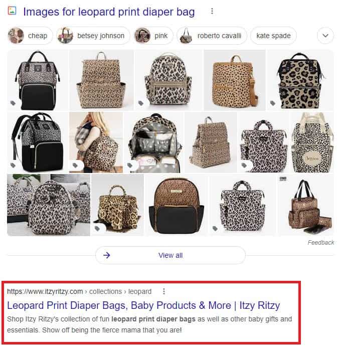 Google search results for "leopard print diaper bags." Image results followed by Itzy Ritzy category page, highlighted.