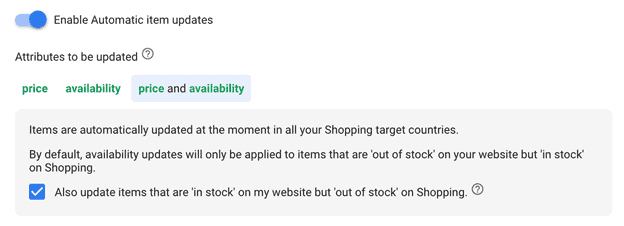 Automatic Item Updates option in Google Shopping Ads, with checked box for "Also update items that are 'in stock' on my website but 'out of stock' on Shopping."