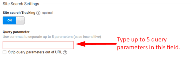 Google Analytics Site Search Settings. Site search tracking button is turned on. Arrow pointing to query parameter, captioned "Type up to 5 query parameters in this field."