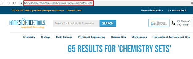 "Chemistry sets" site search results for HomeScienceTools.com. Site search URL is highlighted.