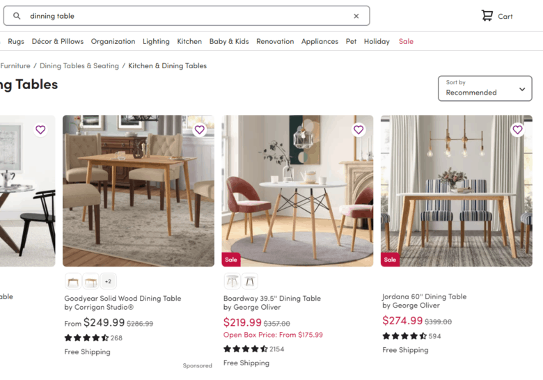 Wayfair results webpage for "dinning table" search, showing dining table sets for sale.