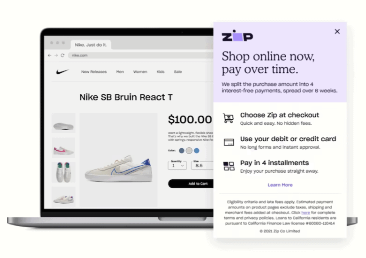 Zip checkout option overlaid on laptop screen of $100 Nike shoes. Zip overlay offers "shop online, pay over time" through four installments.