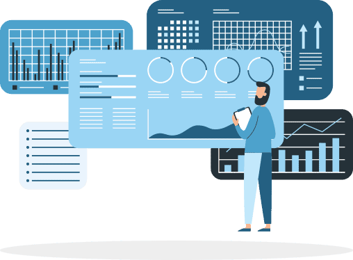 Illustration of a human figure reviewing analytics reports, including pie charts, bar graphs, and line graphs.