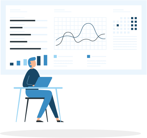 Illustration of a human figure at a desk on a laptop, looking at a webpage of analytics reports.