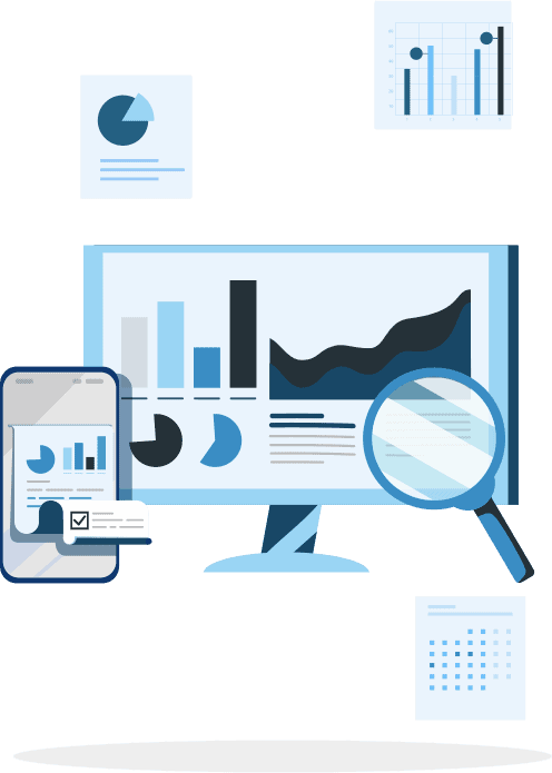 Illustration of a desktop monitor showing analytics reports, including line graphs and pie charts.