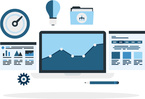 Illustration of analytics reports and webpages, including line graphs and webpage copy.