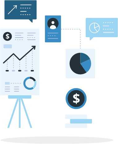 Illustration of analytics reports, including line graphs and pie charts.