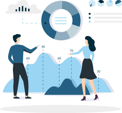 Illustration of two human figures reviewing analytics reports.