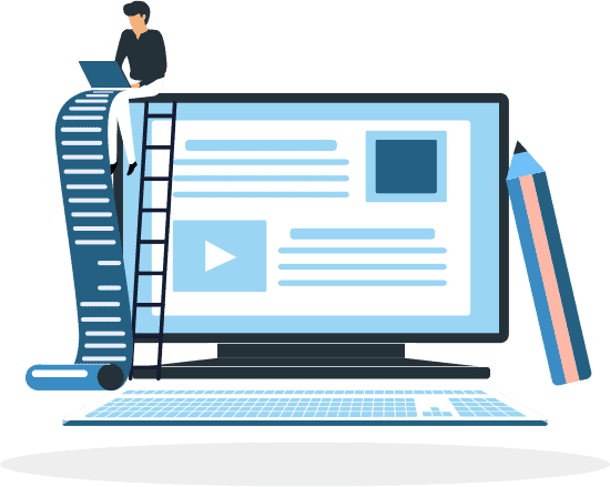 An illustration of a human figure sitting on top of a laptop screen, writing a long page of text and website copy.