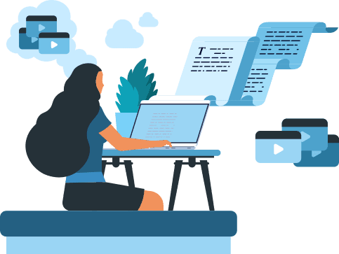 An illustration of a woman writing copy and creating video content on a laptop.