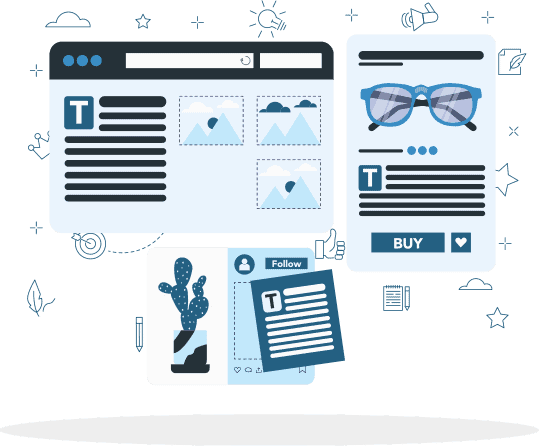 Illustrations of three website pages. One holds text and images, another is a product description page of sunglasses, and another is a social media post template.