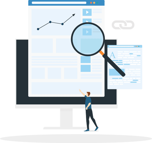 Illustration of a small human figure looking at a large computer screen page, showing an upward growing graph and a magnifying glass.