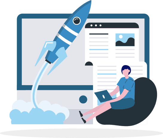 Illustration of woman on a laptop sitting on a beanbag. Behind her is a computer screen with copy and a rocket launching.