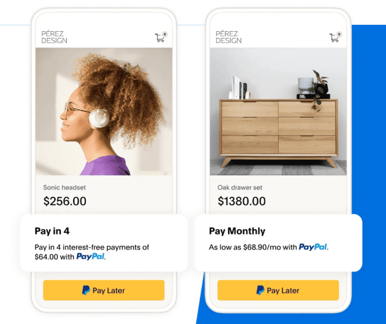 Two product listings with highlighted Pay Later option: Pay in 4 interest-free payments of $64.00 with PayPal.