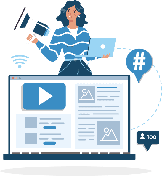 phase-2-img Illustration of female human figure holding bullhorn and laptop. Monitor screen shows video, images, and written content icons.